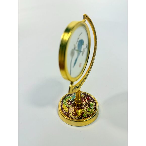 Silk Art Embroidered Bird Globe within Enamed Cloisonne Burgandy Red Brass Swive - Picture 8 of 16
